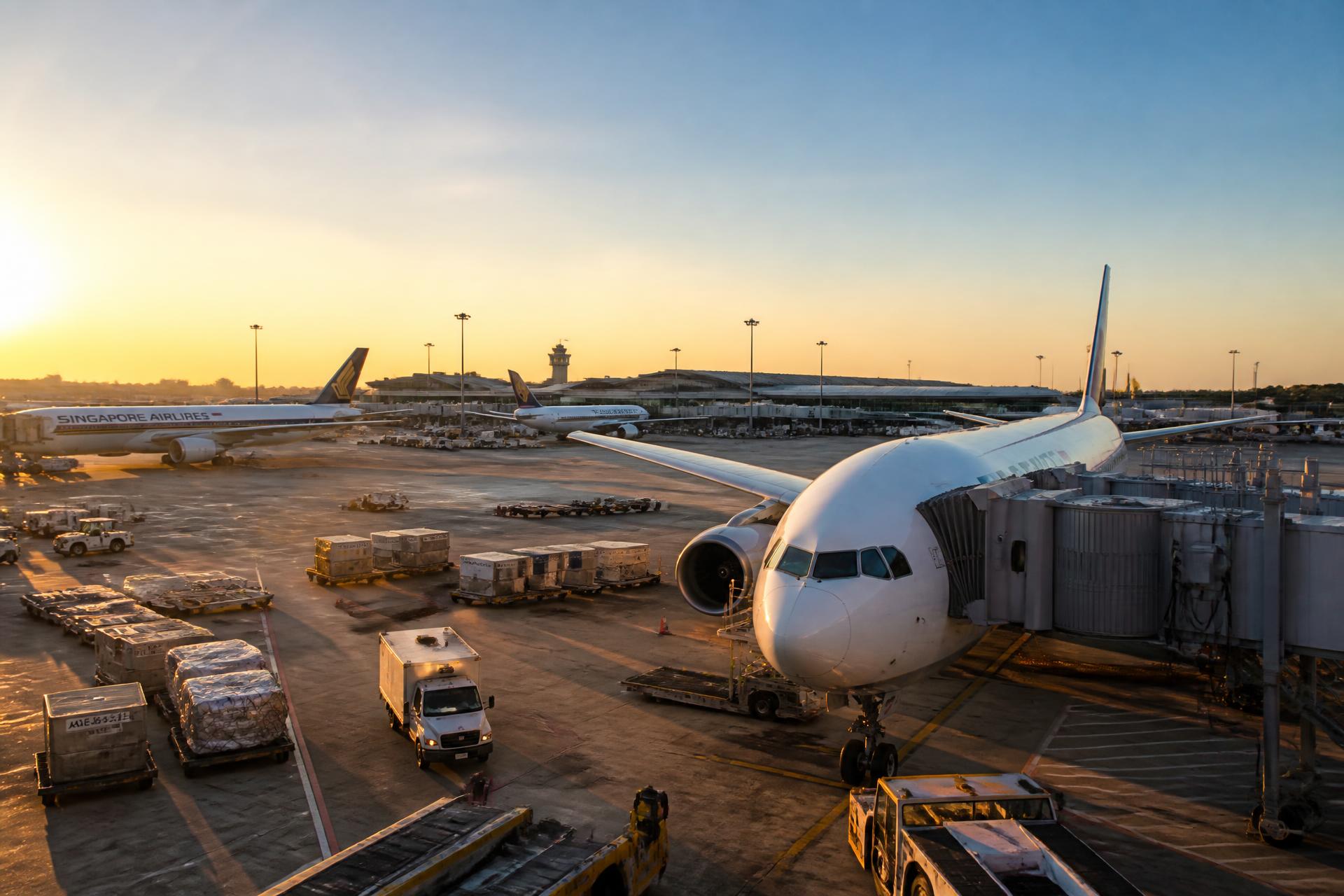 Airliner parked on the tarmac at sunrise, illustrating mistake fare deals