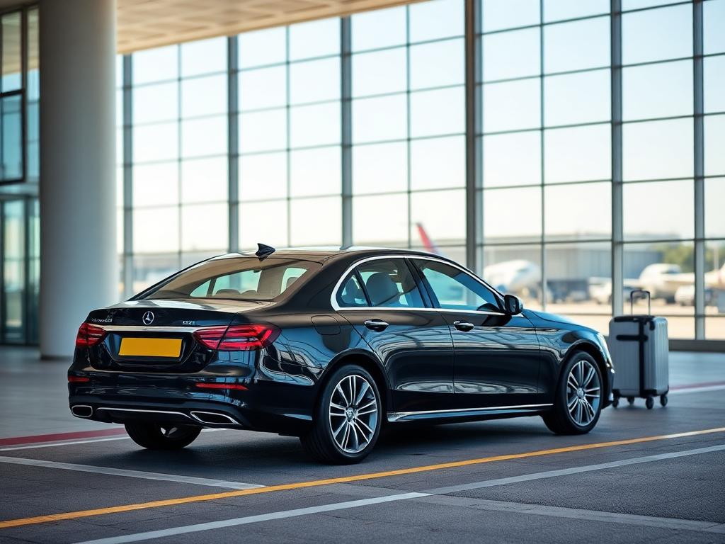 A black premium car waiting at an airport arrivals pickup kerb.