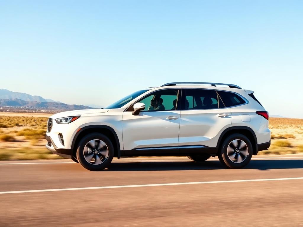 A white family SUV driving along an open scenic road.