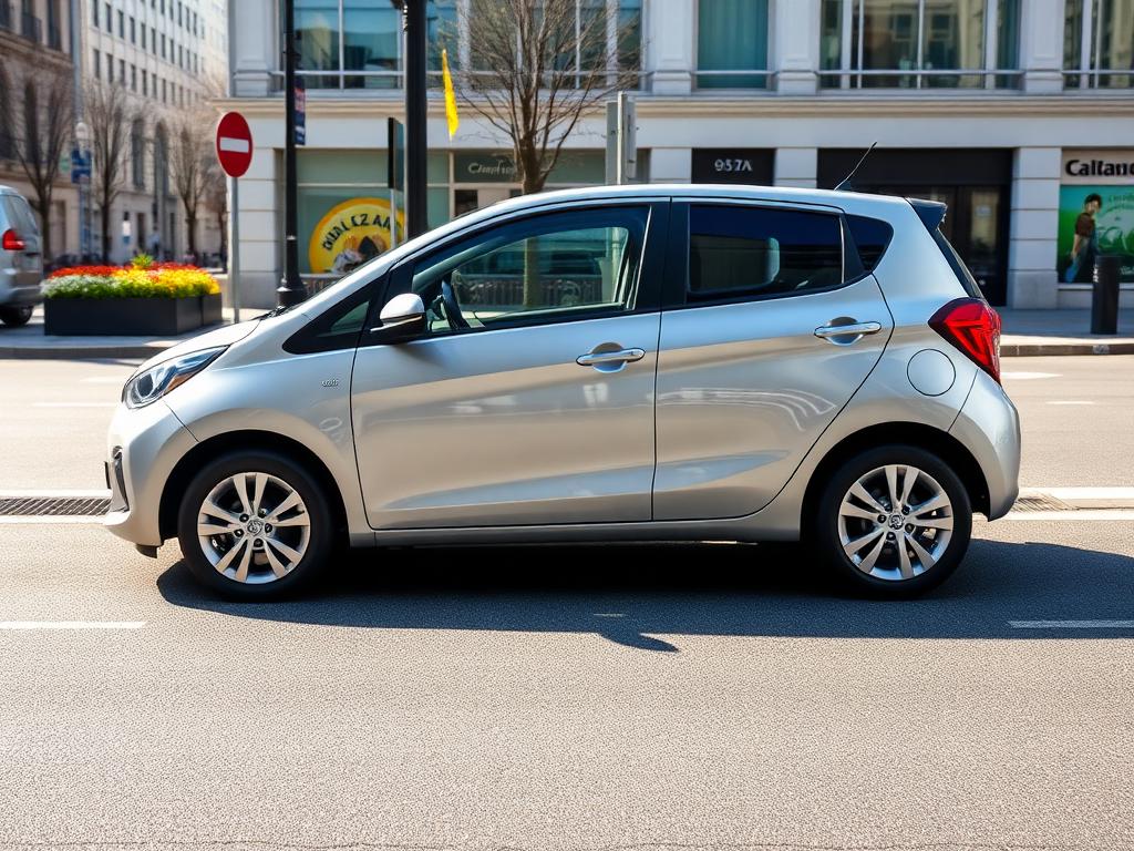 A silver compact economy hire car parked on a city street.