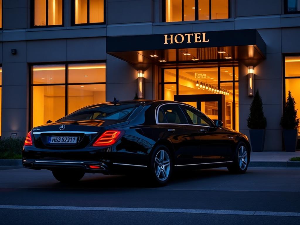 A black executive saloon car parked outside a modern hotel entrance at dusk.