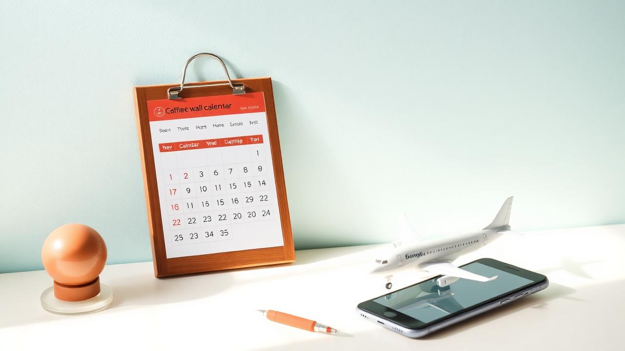 Wall calendar, smartphone and model aeroplane used to plan the best time to book flights