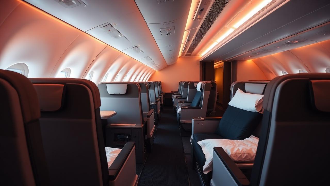 Modern business class cabin with lie-flat suites and warm ambient lighting