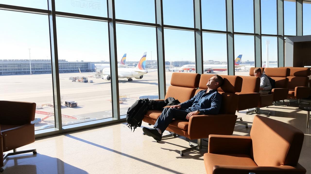 Bright airport transit lounge with seating and windows overlooking parked aircraft