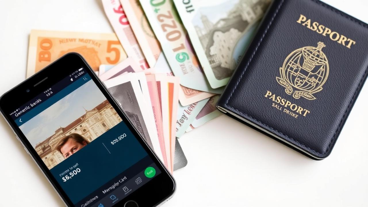 Bank cards, foreign banknotes and a phone budgeting app laid out for a trip