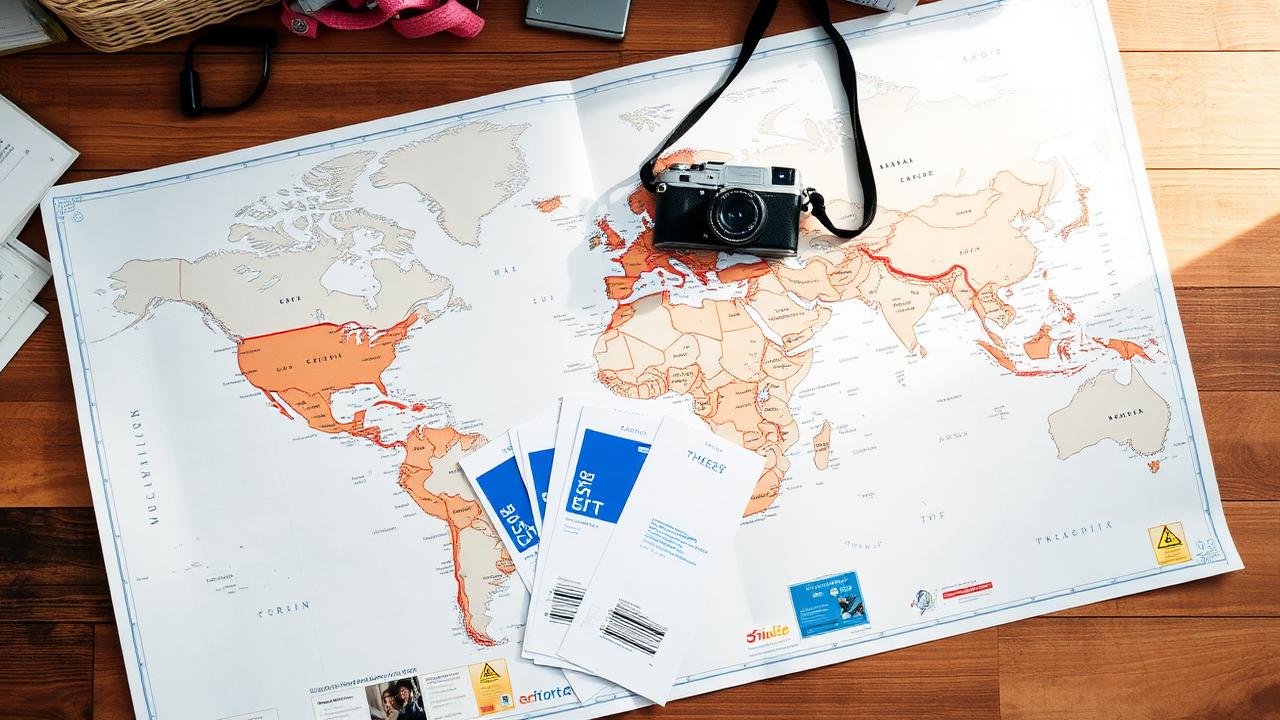 Open world map with boarding passes and a camera while planning a multi-city itinerary