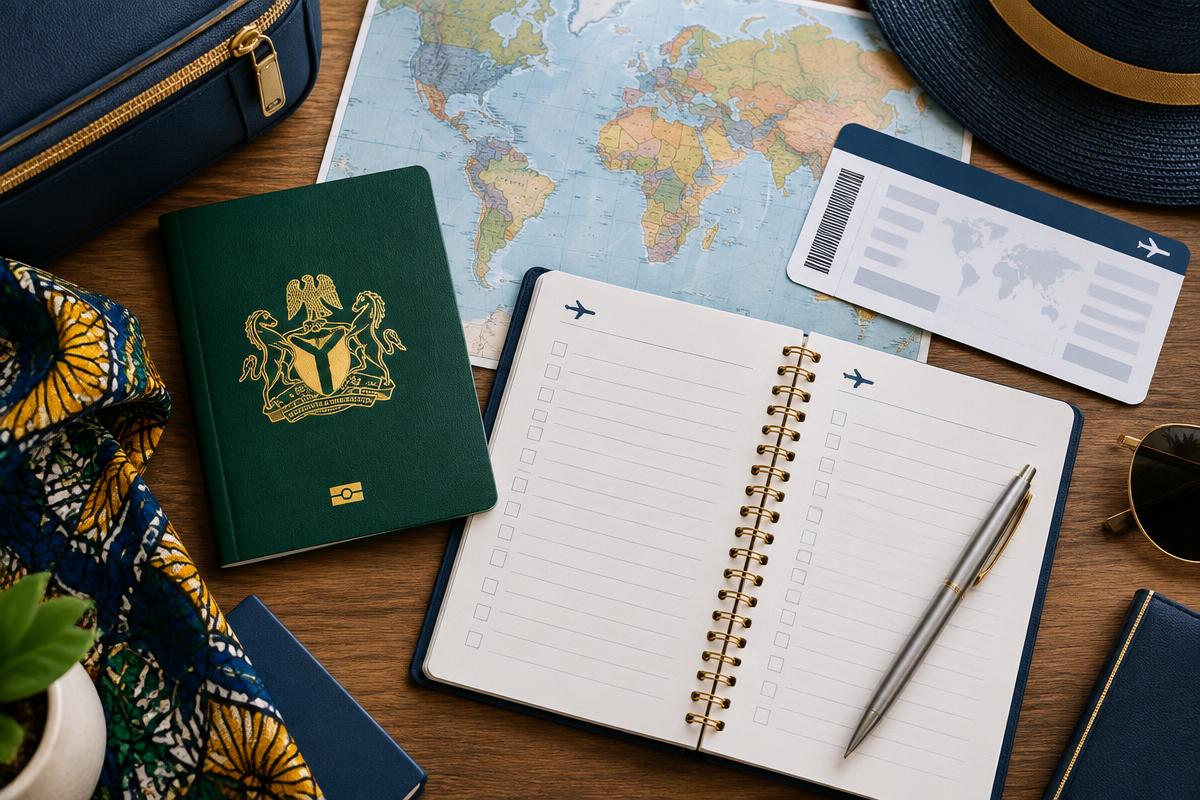 Nigerian passport beside a travel checklist, map and boarding pass