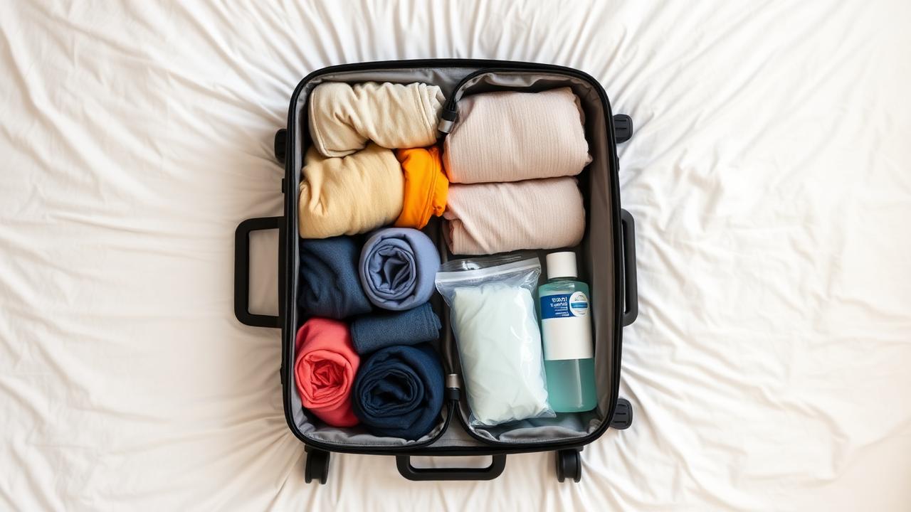 Open suitcase with neatly packed clothing and travel accessories