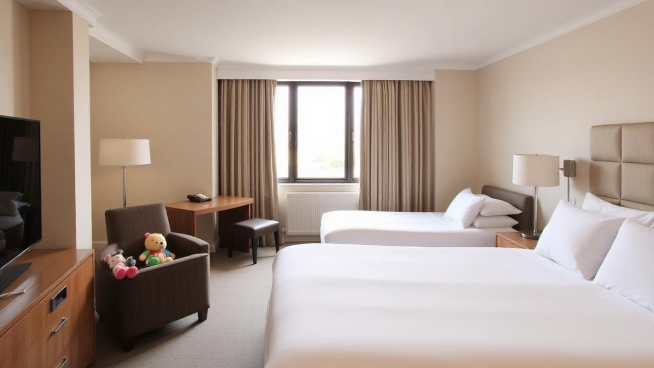 Spacious family-friendly London hotel room with a king bed and twin beds