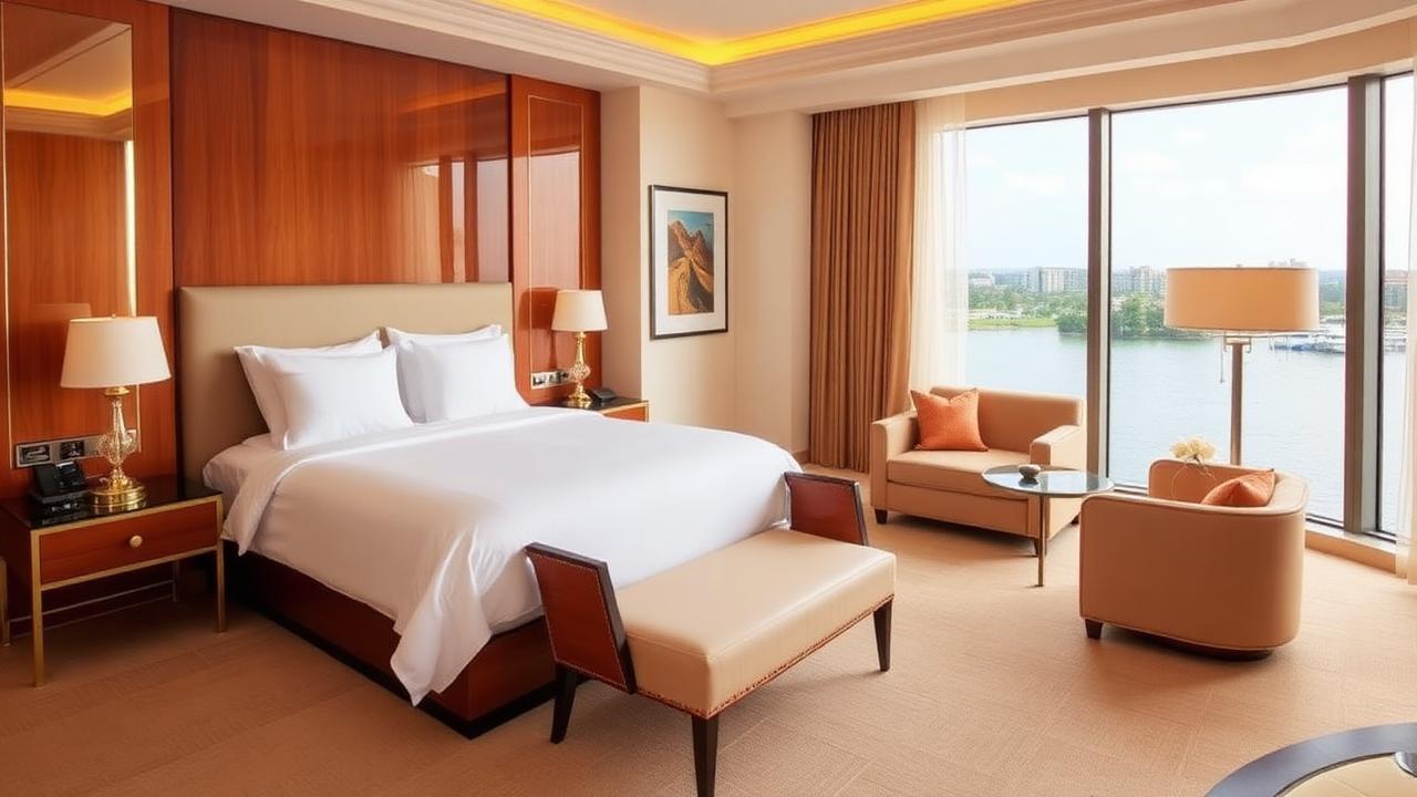 Elegant five-star Lagos hotel room with king bed, seating area and a lagoon view
