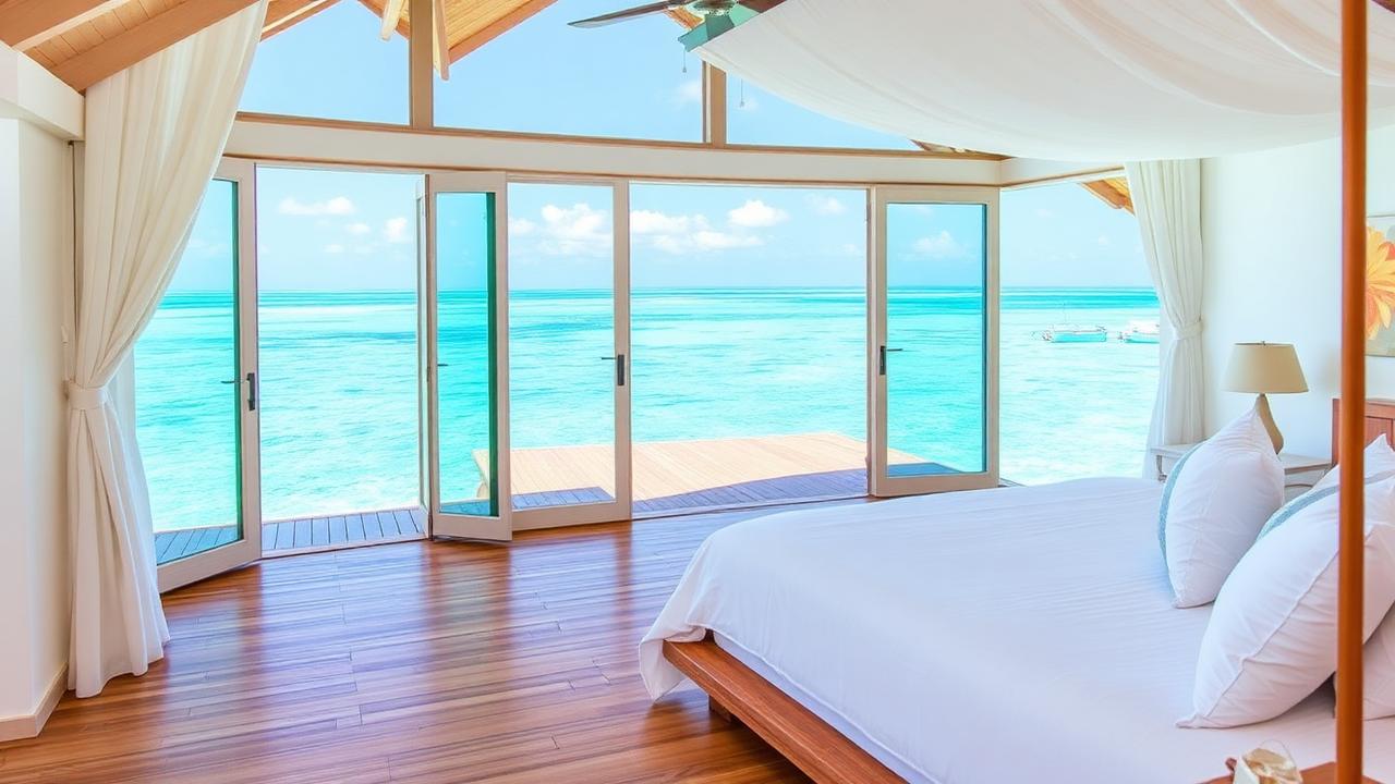 Interior of a Maldives overwater villa with a king bed and deck over a turquoise lagoon