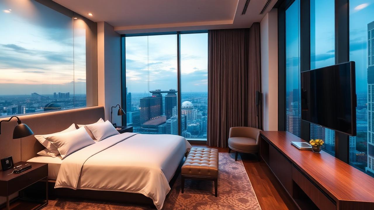 Modern Singapore hotel room with a king bed and a floor-to-ceiling skyline window at dusk