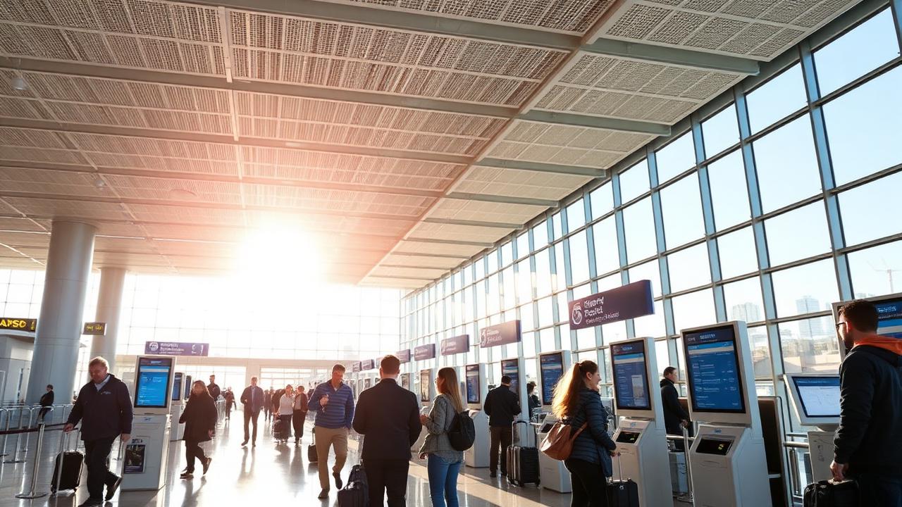 Bright modern airport terminal with travellers using self-service check-in kiosks