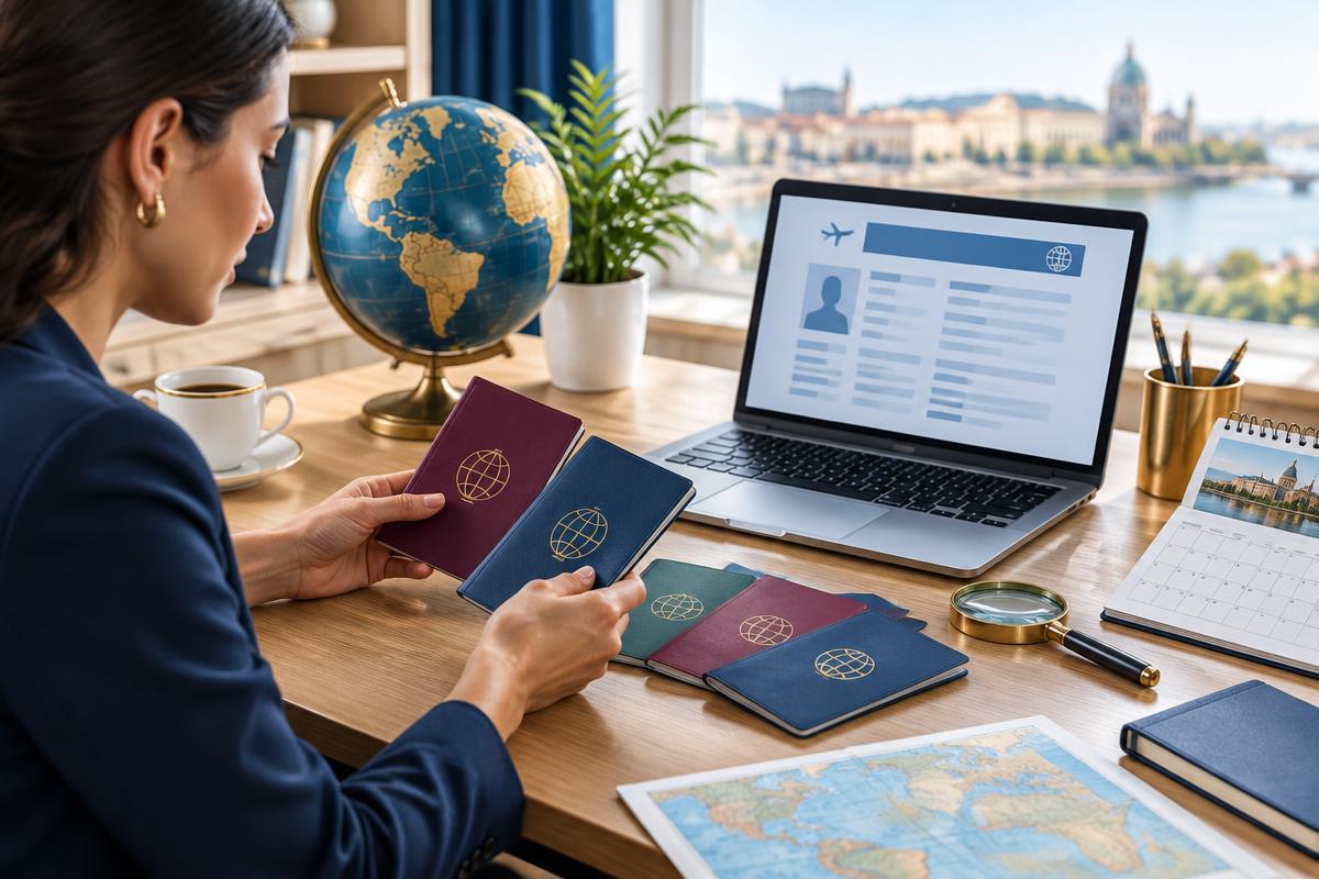 Travel consultant comparing passport entry requirements at a desk