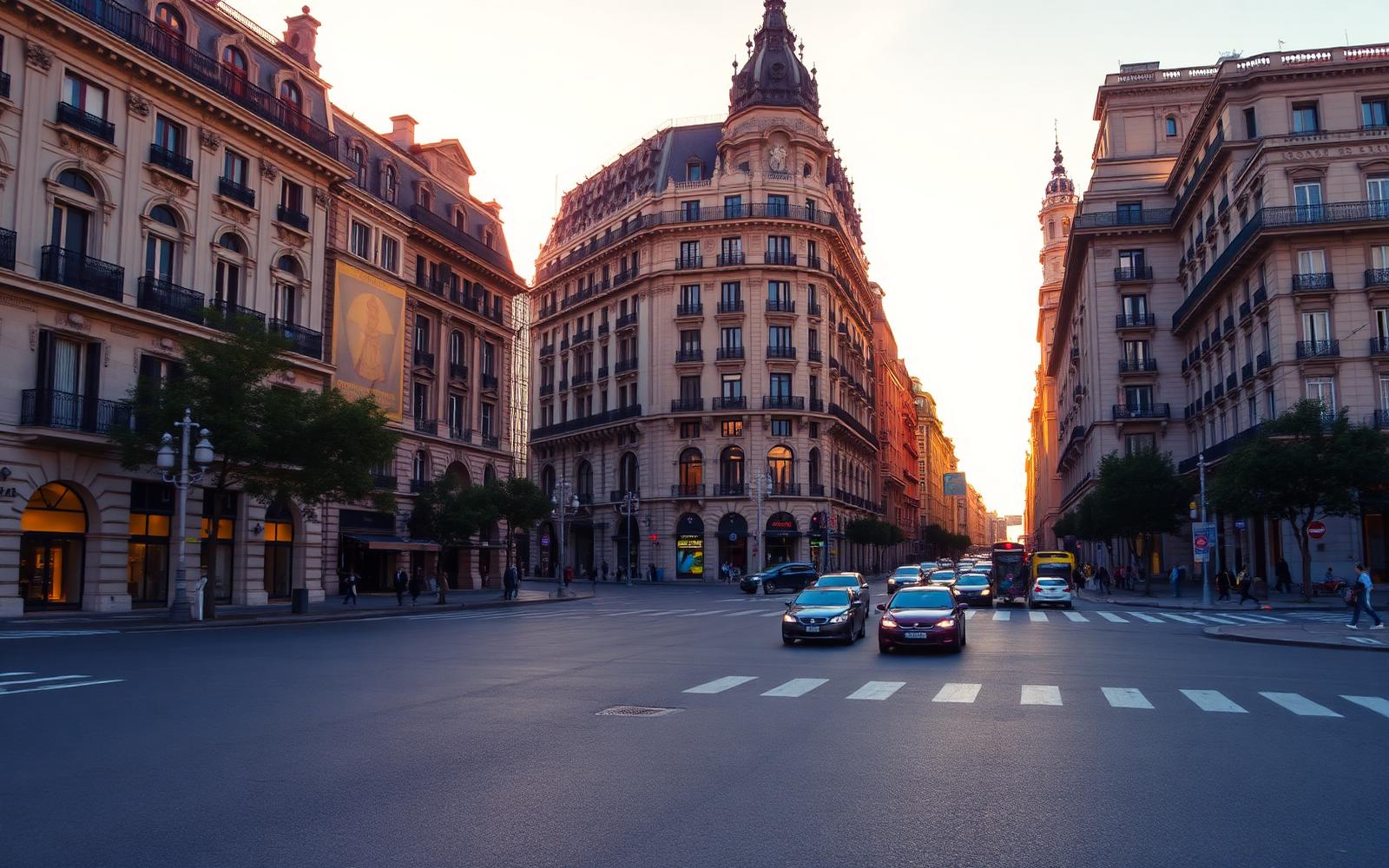 Grand boulevard in central Madrid with historic architecture at golden hour