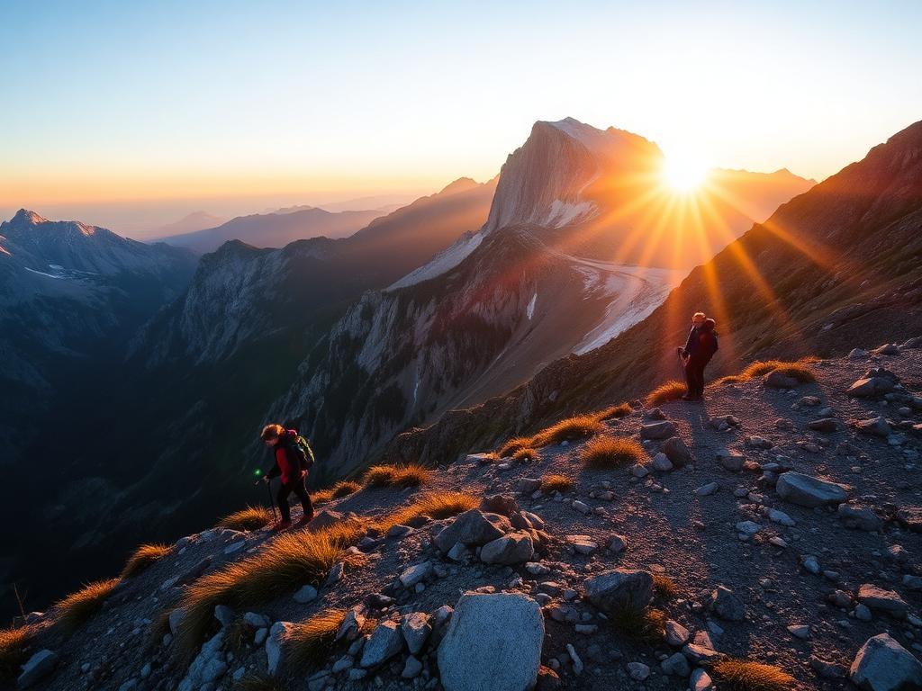 Hikers on a mountain at sunrise