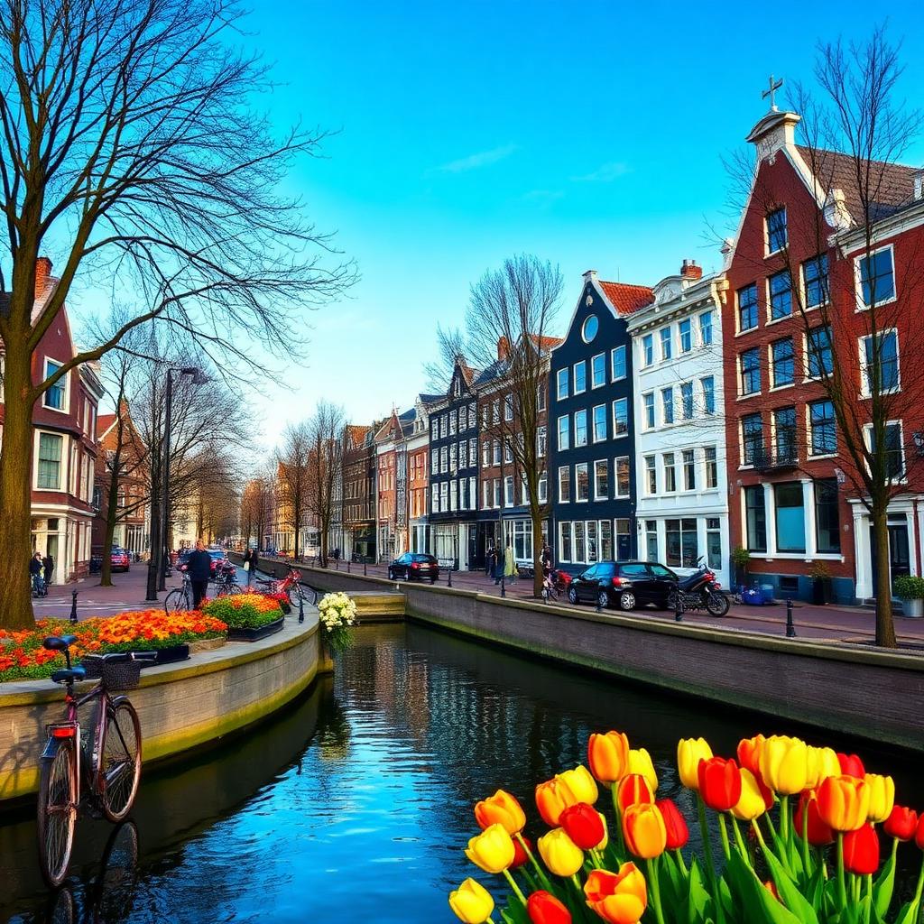 Traditional Amsterdam canal houses lined with tulips and parked bicycles along a bridge, Netherlands