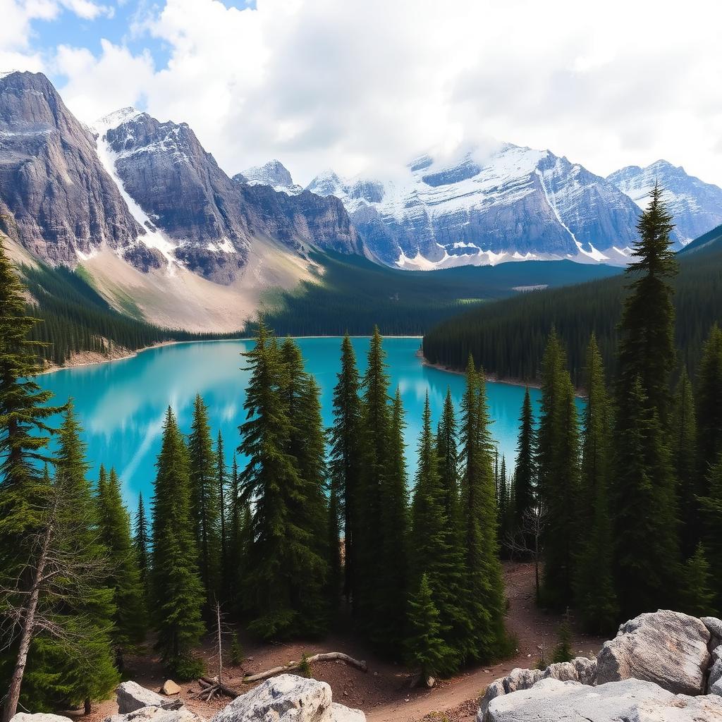 Turquoise waters of Moraine Lake surrounded by pine forest and the snow-capped Canadian Rockies in Banff National Park, Canada