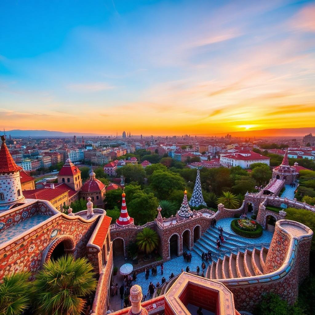 Gaudí's mosaic terrace at sunset in Barcelona, Spain