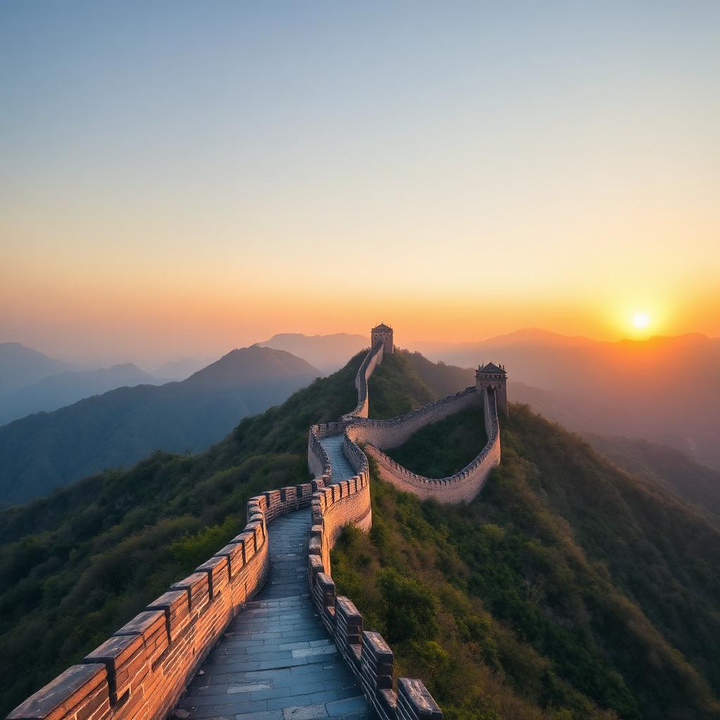 The Great Wall of China snaking across misty mountain ridges at sunrise near Beijing, China