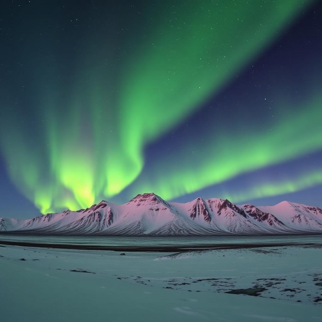 Green and purple aurora borealis dancing above snow-covered mountains in Iceland