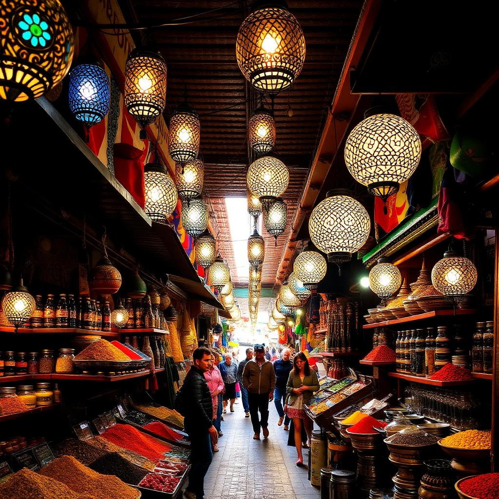 Colourful hanging lanterns and heaps of spices in a bustling Marrakech souk, Morocco