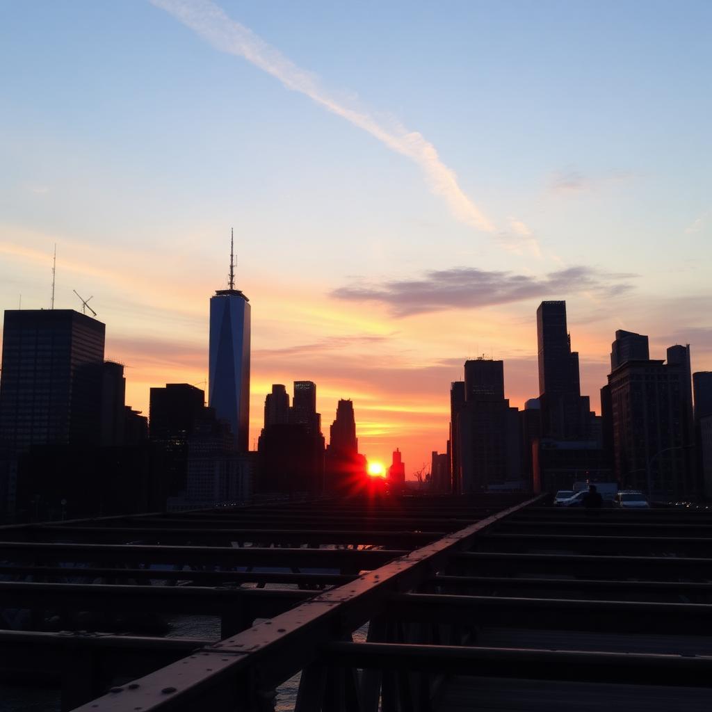 Manhattan skyline with the Empire State Building at sunset viewed from Brooklyn Bridge, New York City, USA
