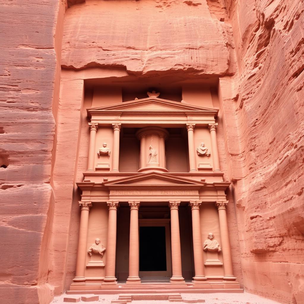 Al-Khazneh Treasury facade carved into rose-coloured sandstone cliffs at Petra, Jordan