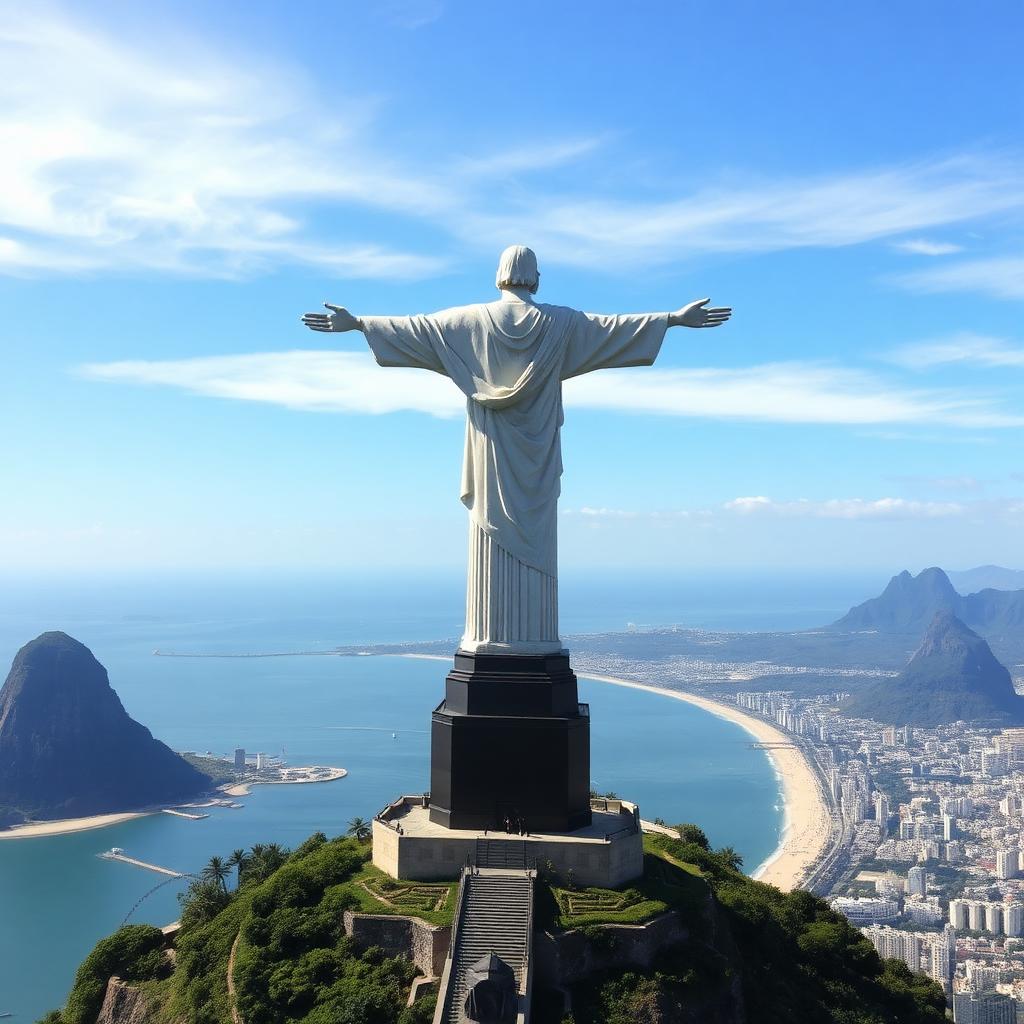 Christ the Redeemer statue overlooking Copacabana beach and Sugarloaf Mountain in Rio de Janeiro, Brazil