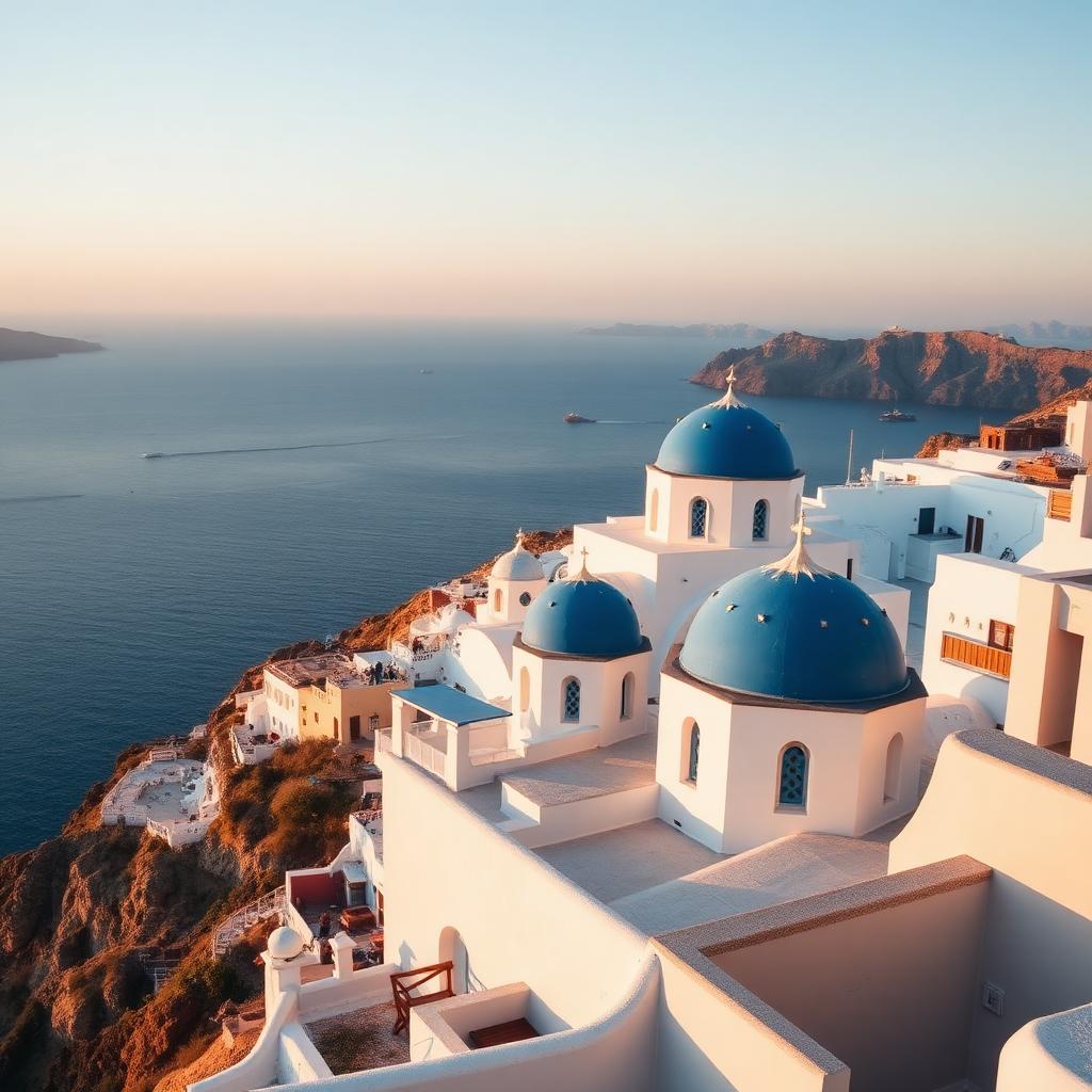 Iconic blue domes above the Aegean in Santorini, Greece