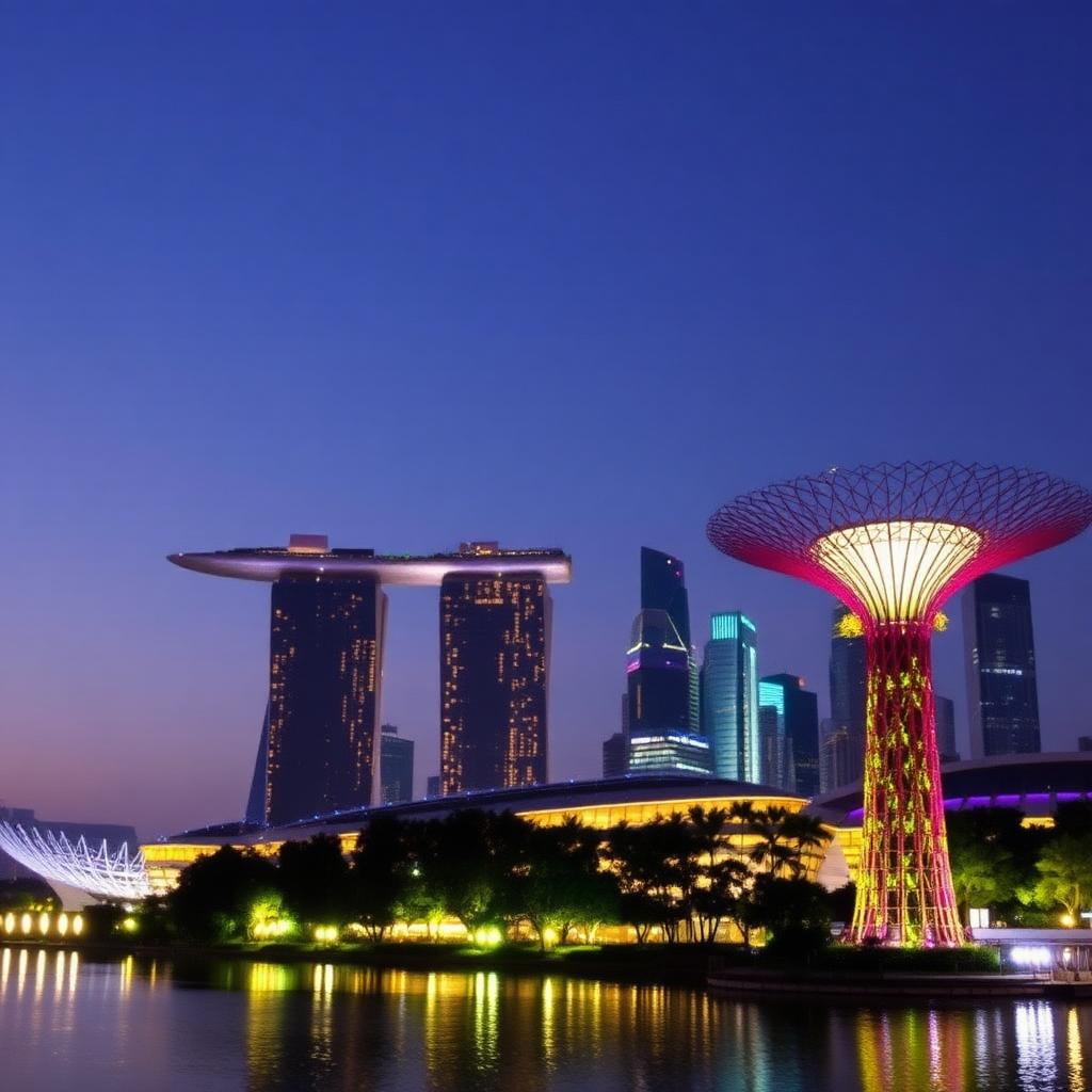 Marina Bay Sands hotel and illuminated Supertrees at Gardens by the Bay at dusk, Singapore