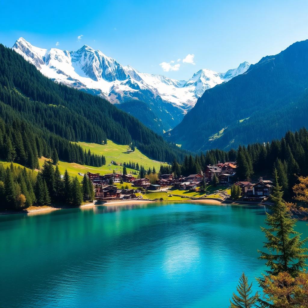 Alpine village beside a turquoise lake in the Swiss Alps