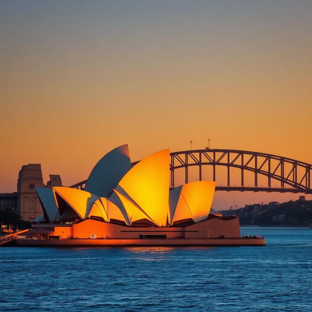Sydney Opera House sails and the Harbour Bridge glowing at golden hour over Sydney Harbour, Australia
