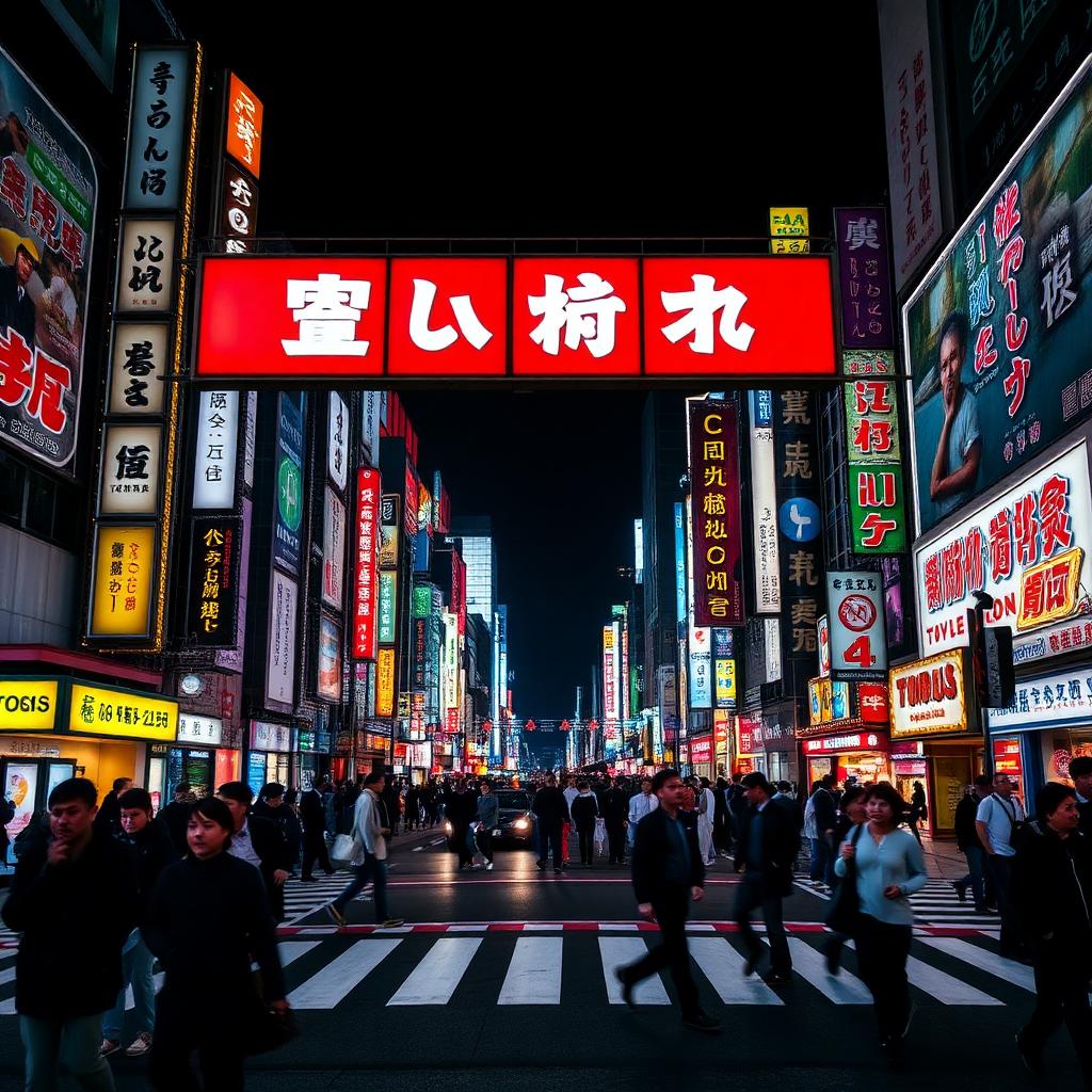 Neon-lit Shibuya crossing in Tokyo, Japan