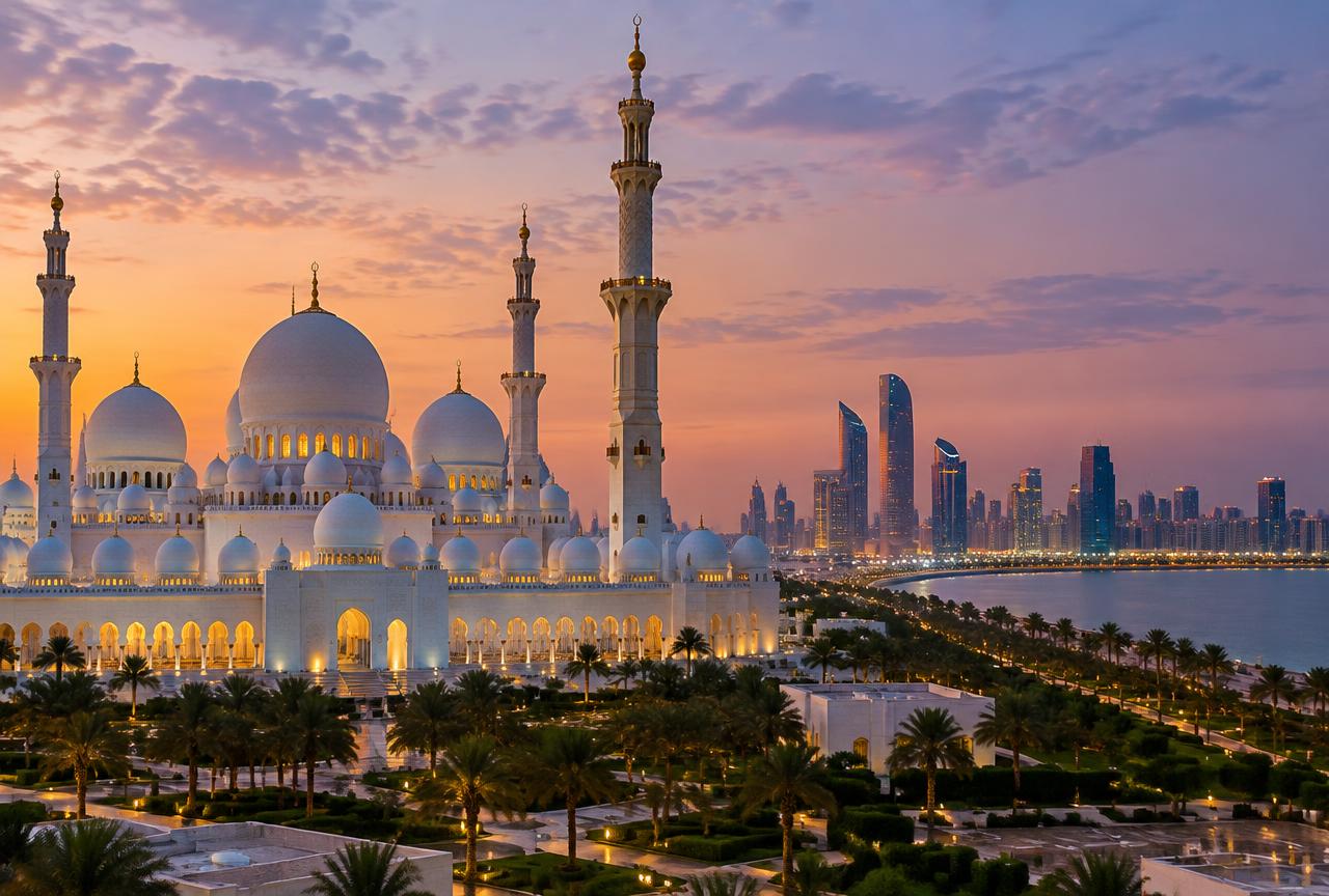 Sheikh Zayed Grand Mosque at dusk with the Abu Dhabi skyline beyond