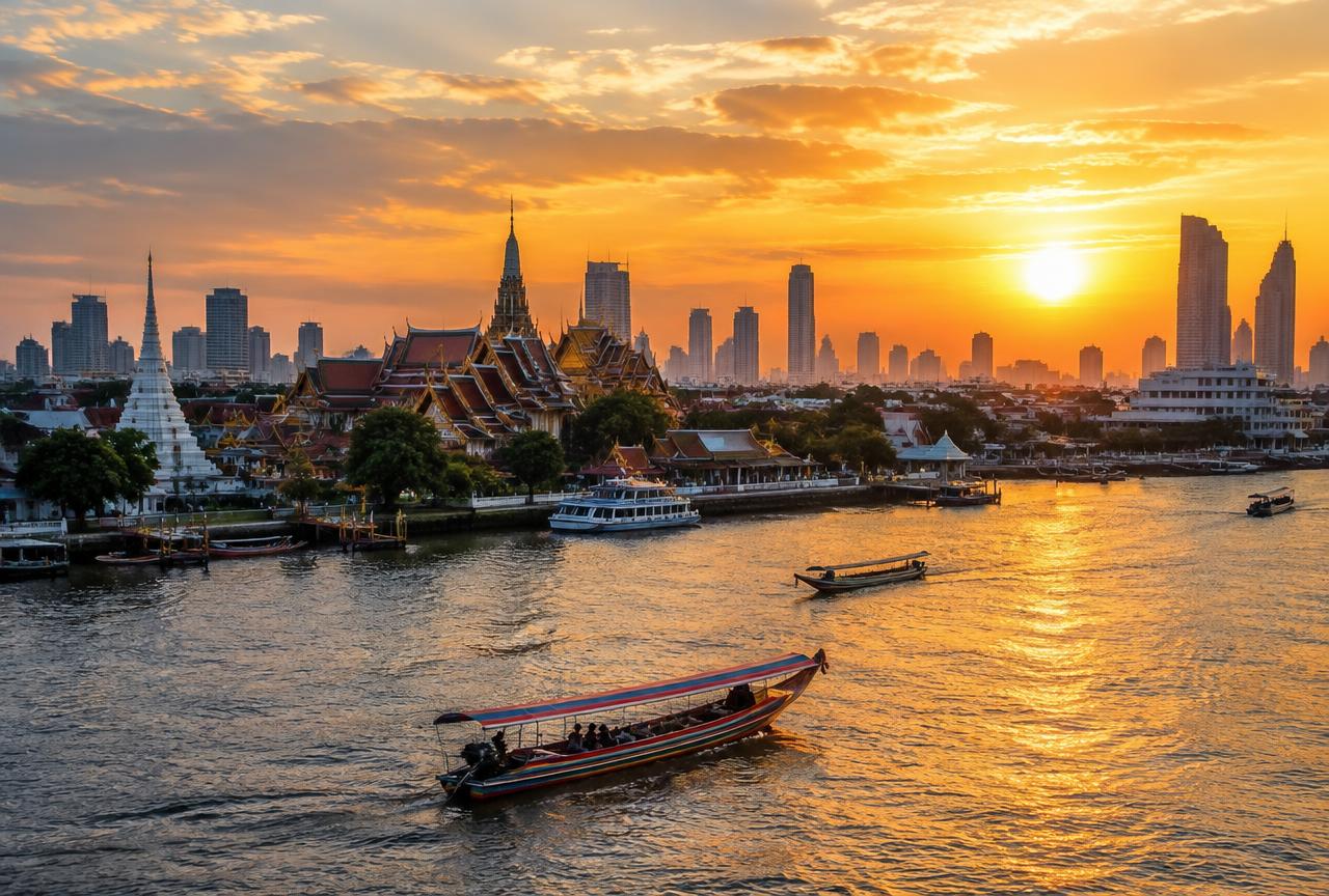 Temple spires and river boats on the Chao Phraya in Bangkok, Thailand