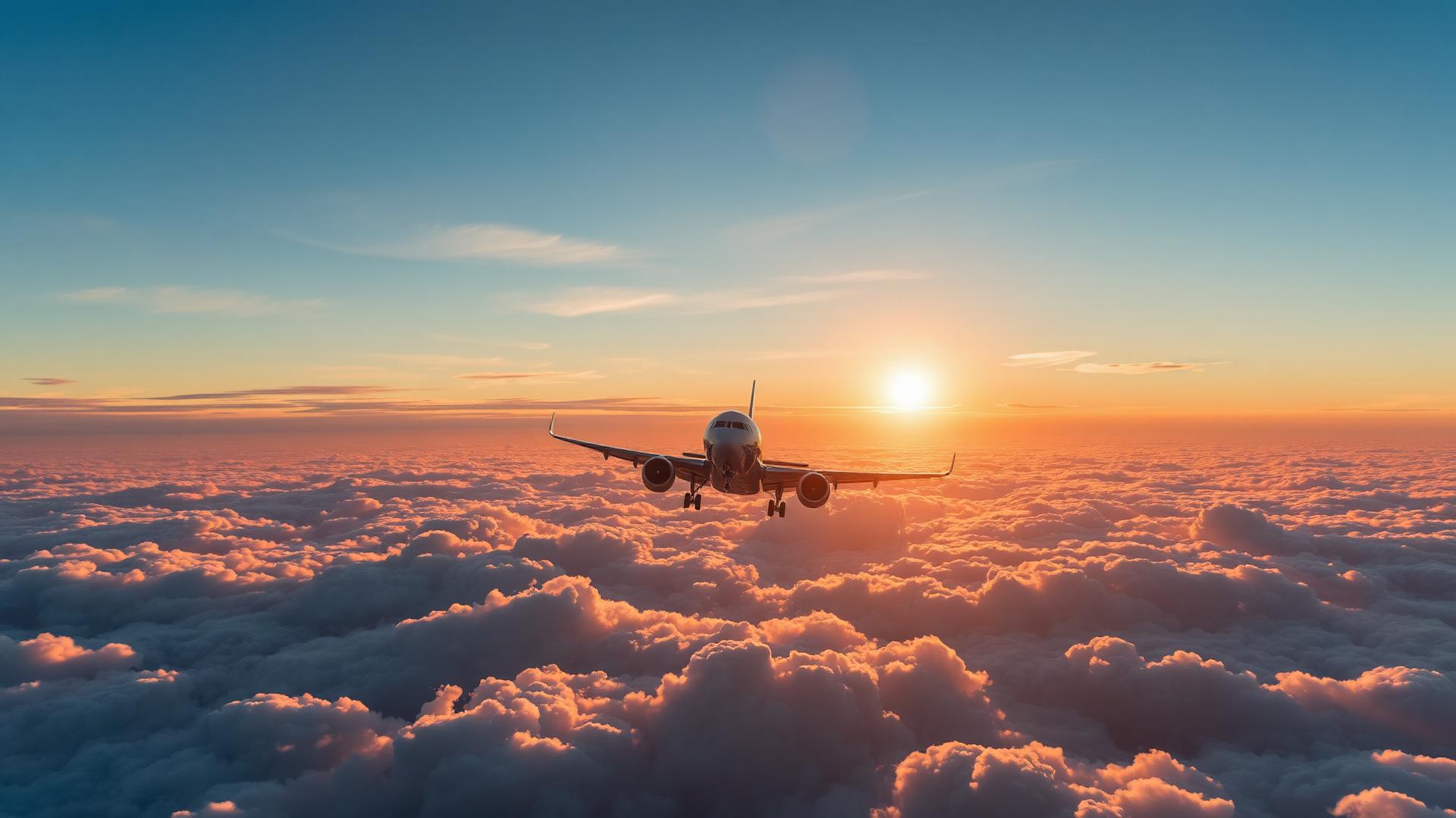 Airliner cruising above the clouds at sunset