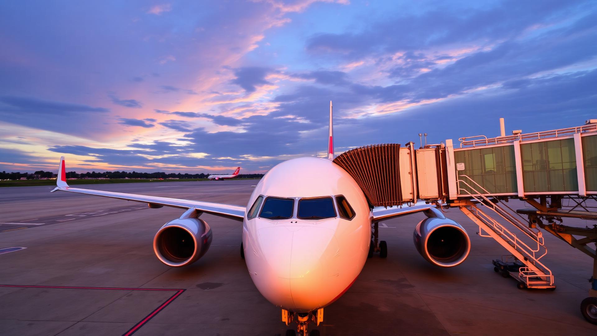 Passenger jet parked at airport tarmac gate