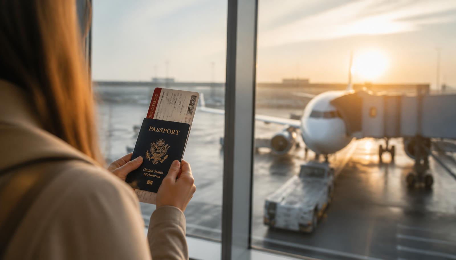 Traveller holding a passport and boarding pass at an international airport terminal