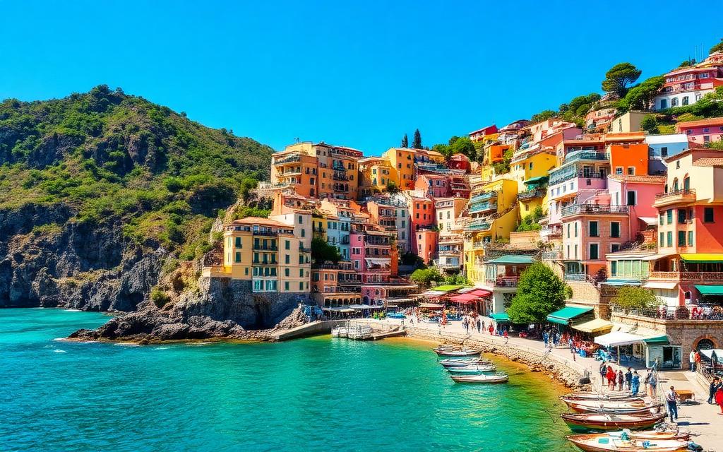 Colorful cliffside houses above the sea on the Amalfi Coast