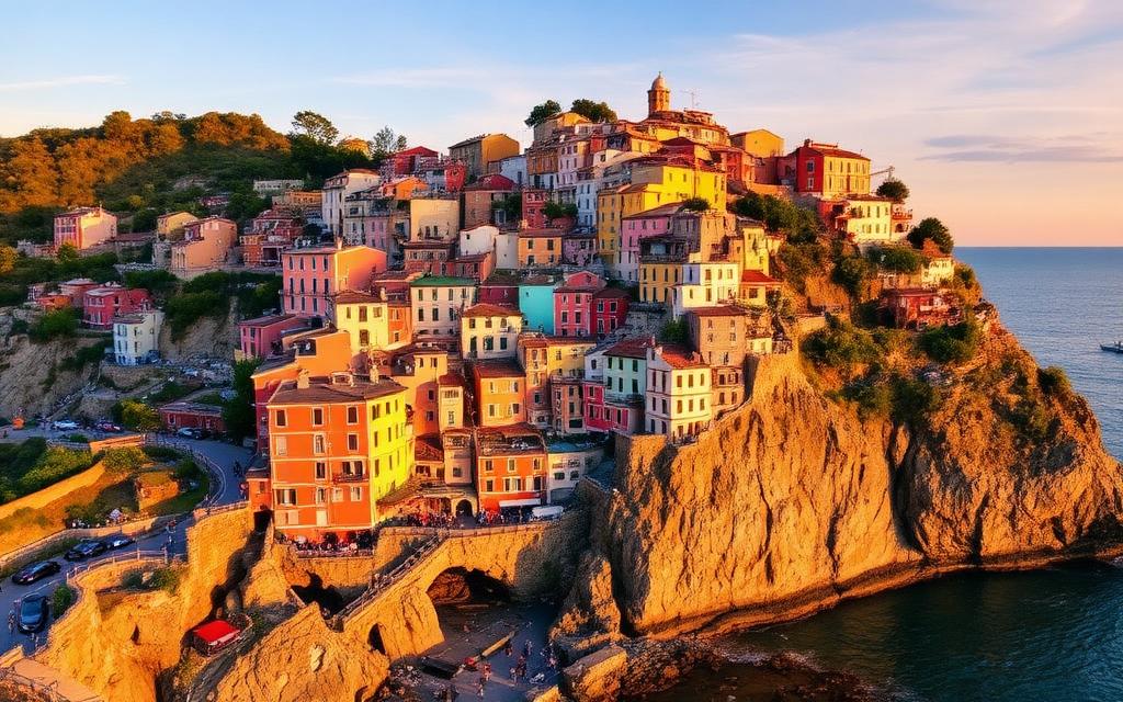 Colorful Cinque Terre village on cliffs above the sea