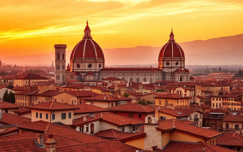 Florence Cathedral and terracotta rooftops at sunset