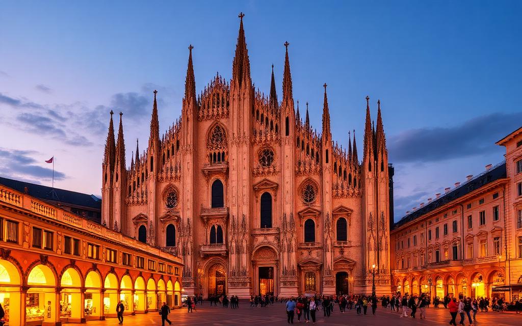 Milan Cathedral spires illuminated at dusk