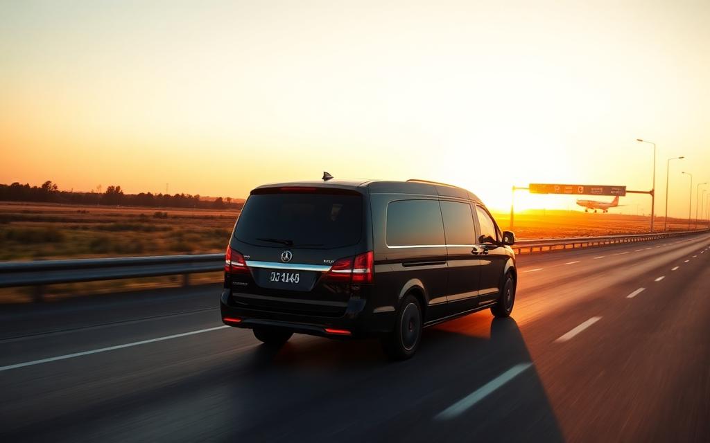 Private luxury transfer van on the road at dawn