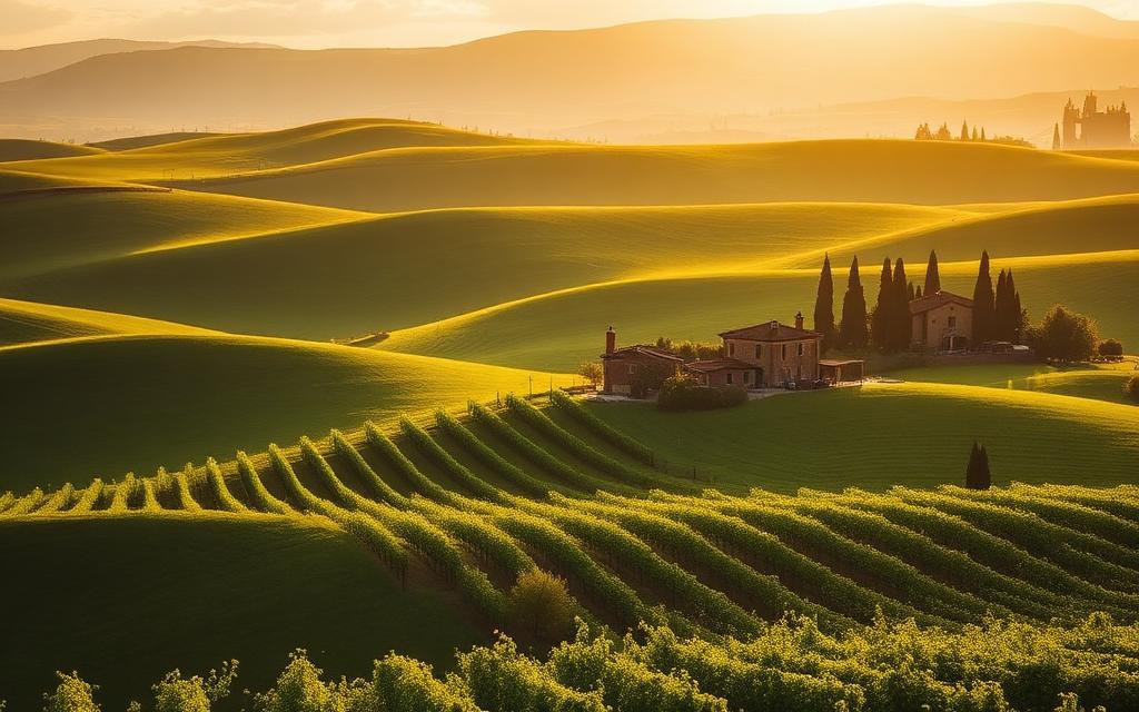 Tuscan vineyard hills and cypress trees in golden light