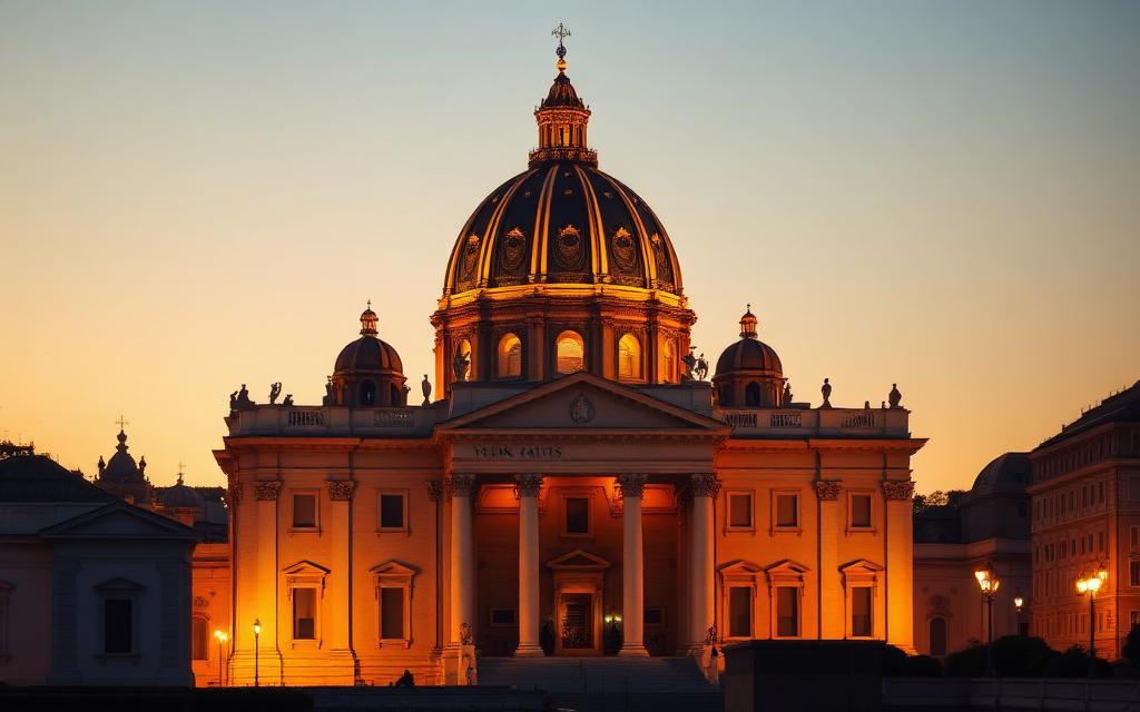 St. Peter's Basilica dome glowing at golden hour, Vatican City