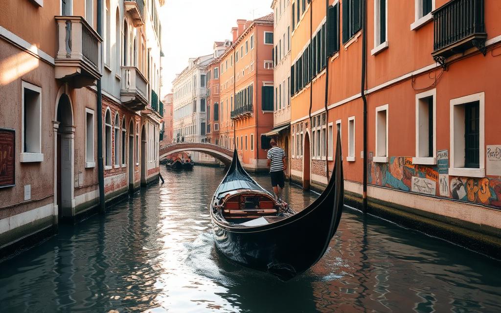 A gondola on a narrow Venice canal between colorful buildings