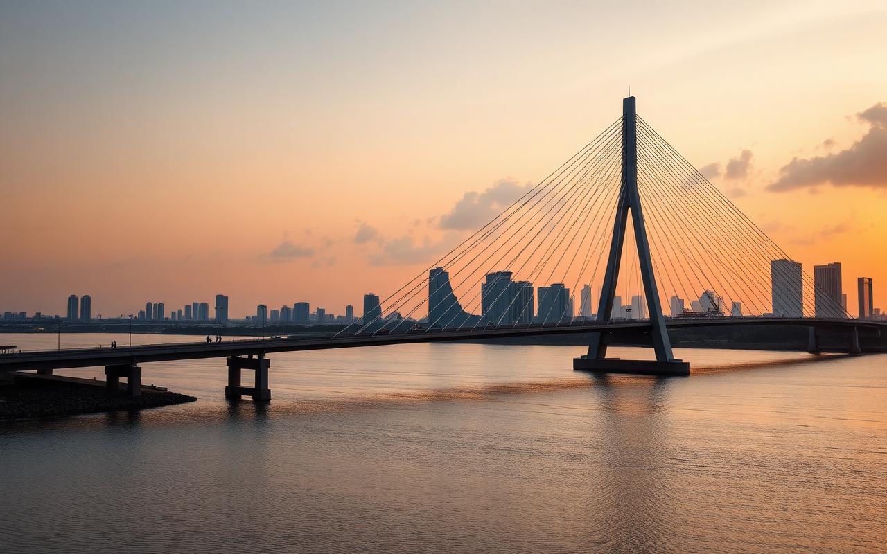 Lekki-Ikoyi Link Bridge over the Lagos lagoon at sunset