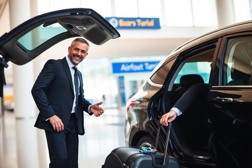 Chauffeur loading luggage into a car at the airport